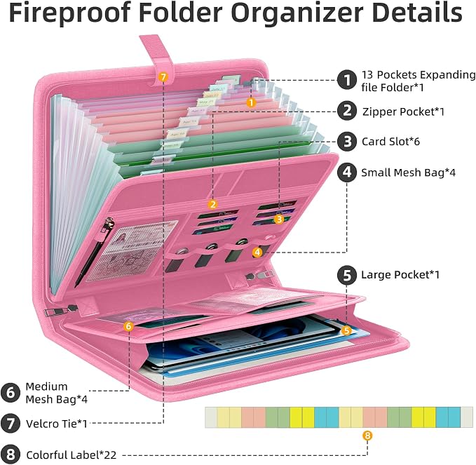 Fireproof Accordion File Organizer, Expanding File Folder with 13 Pockets | Portable Document Organizer with Waterproof Zipper & Labels, File Organizer for Important Document/Paper Storage, Pink