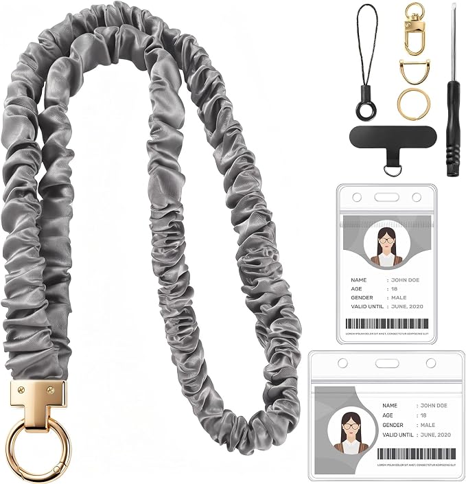 Prudiut Scrunchie Lanyard for ID Badges, Retractable Teacher Lanyards Black Stretchy Scrunchie Lanyard with ID Holder for Women (Grey)