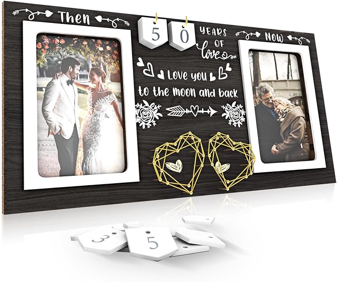 Black Then & Now Anniversary Picture Frame, 50th Wedding Gifts for Parents, Couple, 1-99 Years Wedding Picture Frame for 2 4x6 Photos, 50 Year Anniversary Decorations, Engagement, Birthday Gift