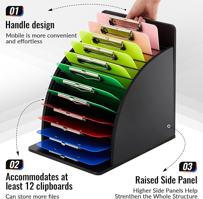 Wonderjune 1 Pack Clipboard Holder Wooden Metal Clipboards Storage Rack with Raised Side Panel, Back to School Supply for Classroom Office School Teacher, Clip Boards Not Included(Black)