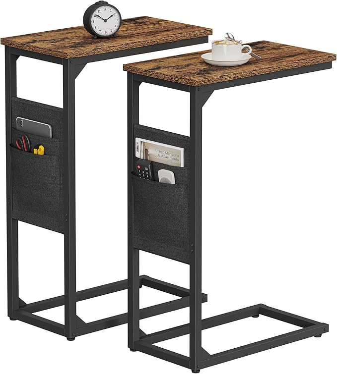 TUTOTAK C Shaped End Table, Side Table for Couch, Sofa Table | with Storage Bag, Set of 2, TV Tray for Living Room, Bedroom, Brown TB01BB0822