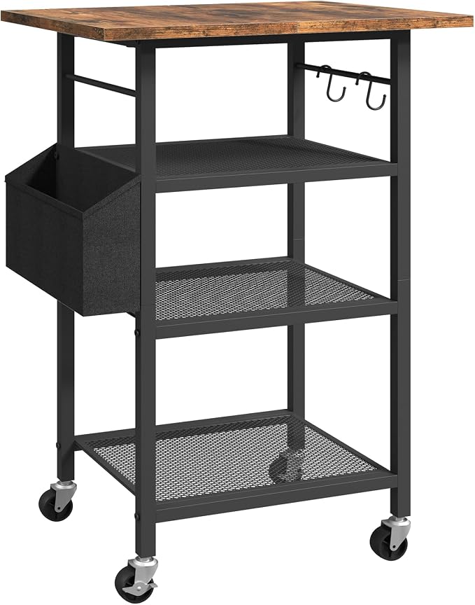 MAHANCRIS 4-Tier Printer Stand, Rolling Printer Table on Wheels, Industrial Storage Stand with Side Pocket, Wooden Tabletop, 2 S-Shaped Hooks, for Home Office, Rustic Brown and Black PTHR2601