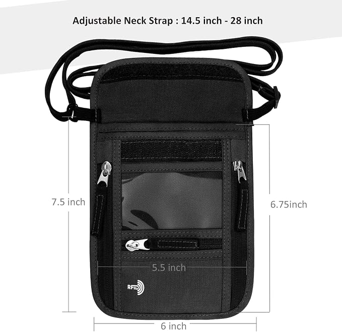 WALNEW Passport Holder Neck Pouch Travel Wallet for Women and Men, RFID Blocking Security Slim Traveling Wallet with Around Neck Lanyard Strap, Black | Around Neck Lanyard Strap, Travel Safety Anti Theft Bag, Neck Wallet for Traveling Women Men