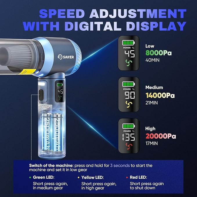 Saker Car Vacuum Portable Cordless 20000Pa Suction Power 4 in 1 Handheld Vacuum with LED Light Type-C Portable Mini Vacuums for Valentine's Day Gifts Car, Home, Office, Pet HL157 Blue