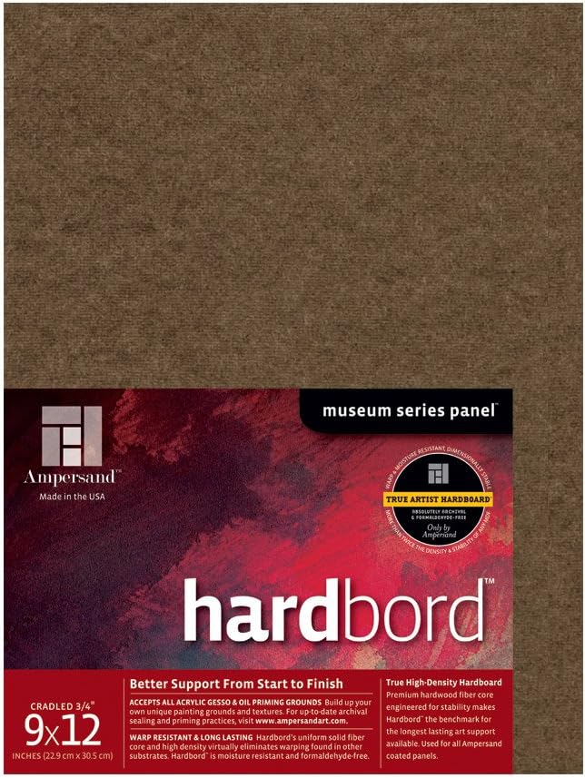 Ampersand Art Supply Hardboard Wood Painting Panel: Museum Series Hardbord, 9" x 12", 3/4 Inch Cradled Profile