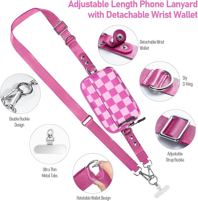 Tiostep Clip and Go Strap for Phone with Wallet Crossbody Phone Lanyard Adjustable and Detachable RFID Wristlet Wallet (Hot Pink Checkered, Large)