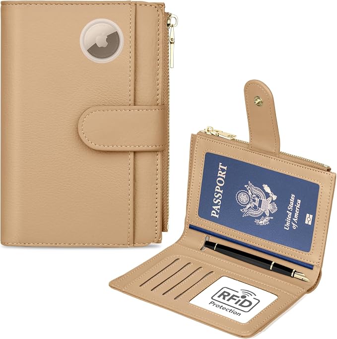 RFID Passport Holder for Travel, Leather Passport Wallet Cover with Airtag | with Airtag Slot, Card Cash Holders, Zippered Coins Pocket, for Women/Men, Gift Box, Travel Essentials, 4.1"L x 1"W x 6.3"H