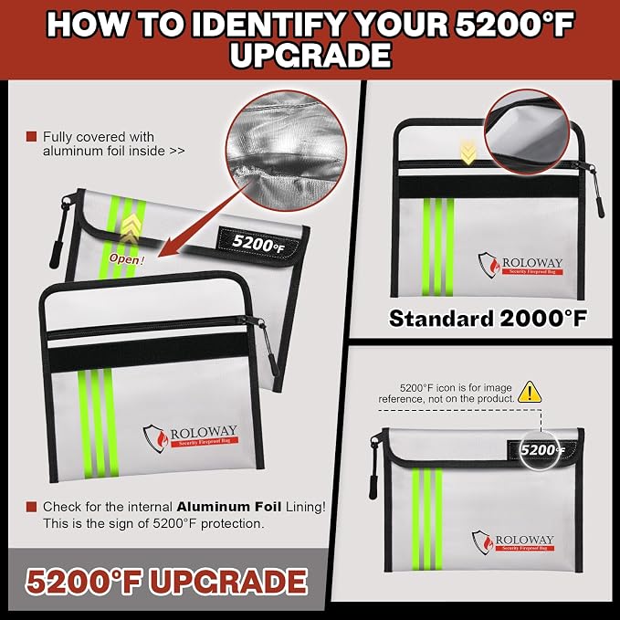 Fireproof Bag (9.6 x 6.6 inches) 5200℉ Heat Insulated with Reflective Strip, Fireproof Money Bag with Zipper for Cash (2-Pack)