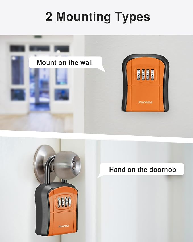 Puroma Key Lock Box, Portable Combination Lockbox Wall-Mounted Key Storage Box for House Keys, Resettable Code Safe Security Lock Box for Home, Office, Apartment Spare Key Storage (1 Pack, Orange)