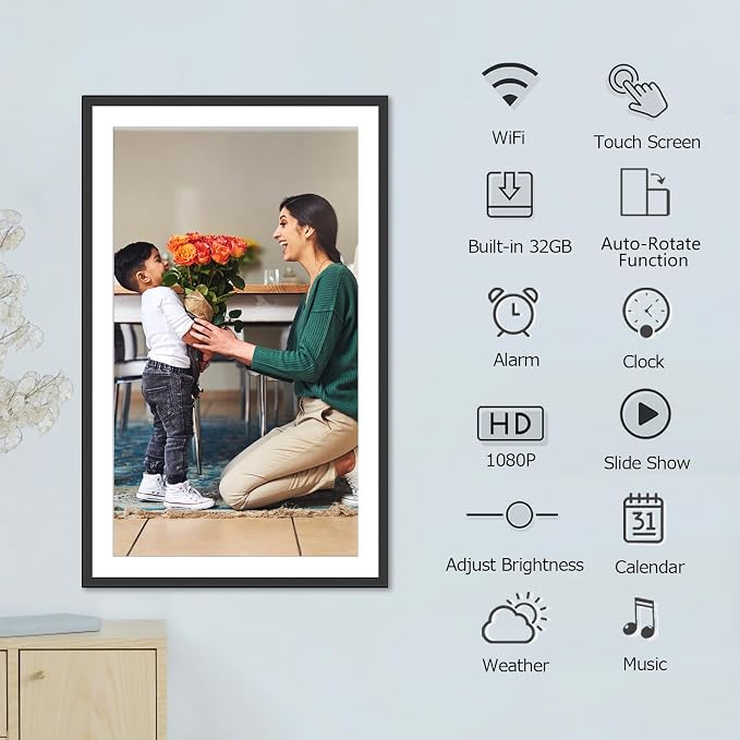15.7 Inch WiFi Digital Picture Frame with 1920x1080 FHD IPS Touch Screen, Send Photo or Videos via App or Email, 32GB Storage, Support USB Drive/SD Card Extend Storage, Auto-Rotate, Wall Mountable