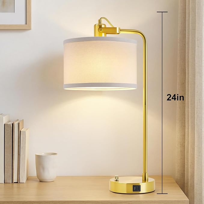 24‘’ Gold Table Lamp Set of 2 with USB A and C Ports, 180° Adjustable Stepless Dimming Bedside Lamps for Night Stands, E26 Bare Bulb Compatible, Industrial Nightstand Lamp, 9W LED Bulb Included