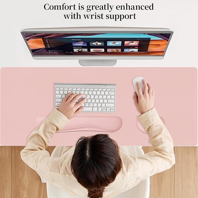 Desk Mat Set,3-in-1 Mouse Pad with Wrist Rest and Keyboard Pad | 35.4" x 16.9" Ergonomic Keyboard and Mouse Pad Set, Memory Foam Keyboard Wrist Rest, Waterproof Computer Mat, Pink