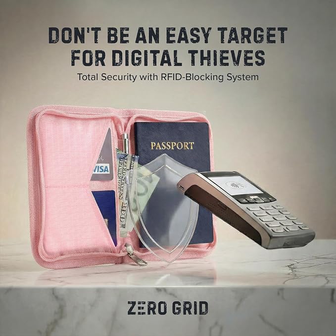 Zero Grid RFID Passport Holder for Passports & Cards, Zippered, Pink | Zippered Travel Wallet for Men & Women, Fits Passport, Cards, Cash, ID, Sim Card; Compact Travel Document Holder, Rose Pink