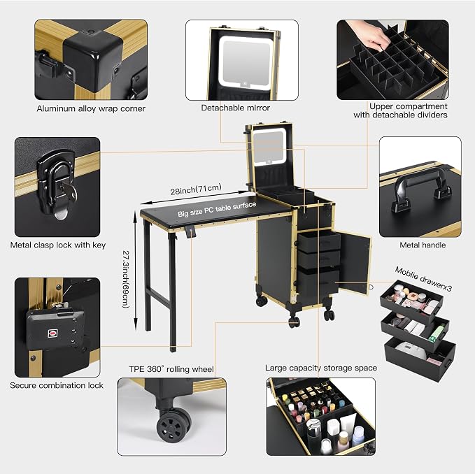 Rolling Portable Manicure Table with 3 Drawers, Lockable Makeup Train Case with Detachable Mirror, Foldable Nail Desk with Wheels & Handle, Mesa de Uñas Profesional para Nail Techs & Salon Use, Gloden