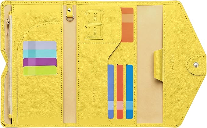 Passport Holder Travel Wallet Organizer for Women,Primrose Yellow | RFID secure, 6 card slots, 28 sim pockets, passport holder with zip-around wallet, slim fit for women travelers.