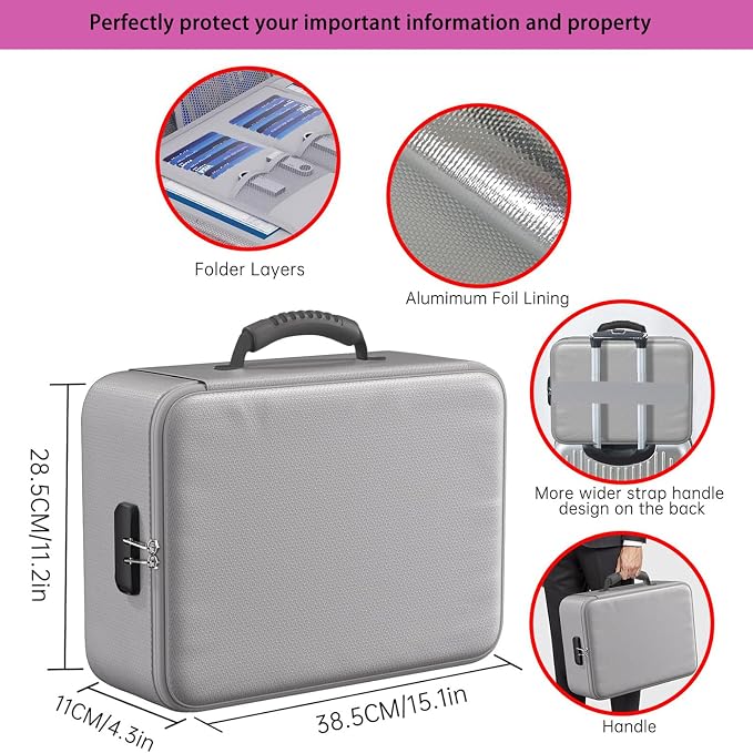 Fireproof Bag with Lock, Waterproof Fireproof Document Organizer for Safe Storage – Large Capacity File Storage Case for Home, Office, and Travel (grey)