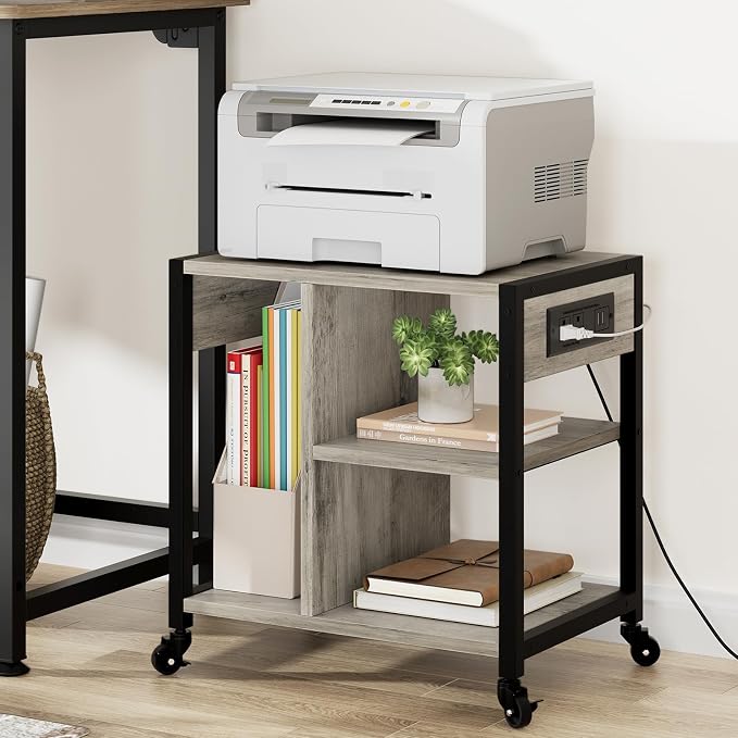 Garvee 3-Tier Printer Stand, Rolling Under Desk Printer Cart with Lockable Wheels, Industrial Mobile Printer Table with Power Outlets, USB Ports & Paper Storage Shelf for Home, Office, Retro Gray