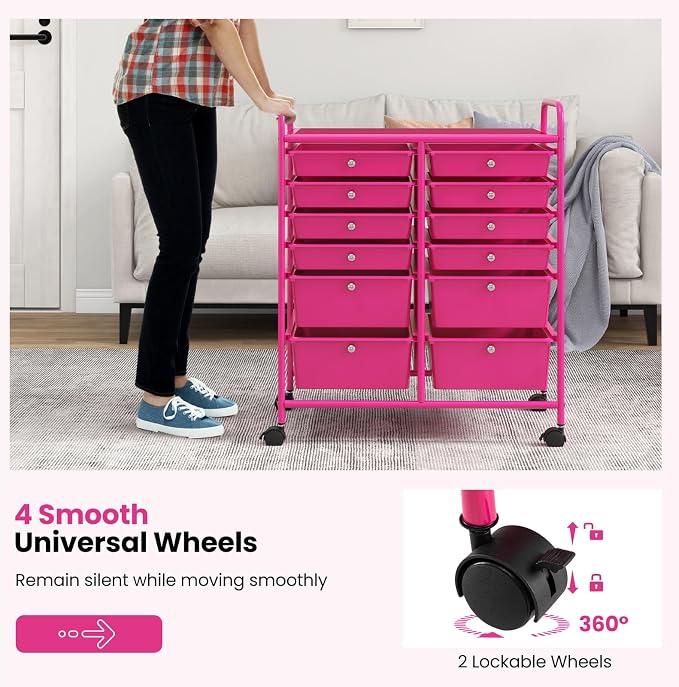 COSTWAY 12-Drawer Rolling Storage Cart, Moveable Art Craft Organizer | Lockable Wheels, Metal Shelf, Files Arrangement Tools Makeup Storage Cart for Office, Home, School (Hot Pink)