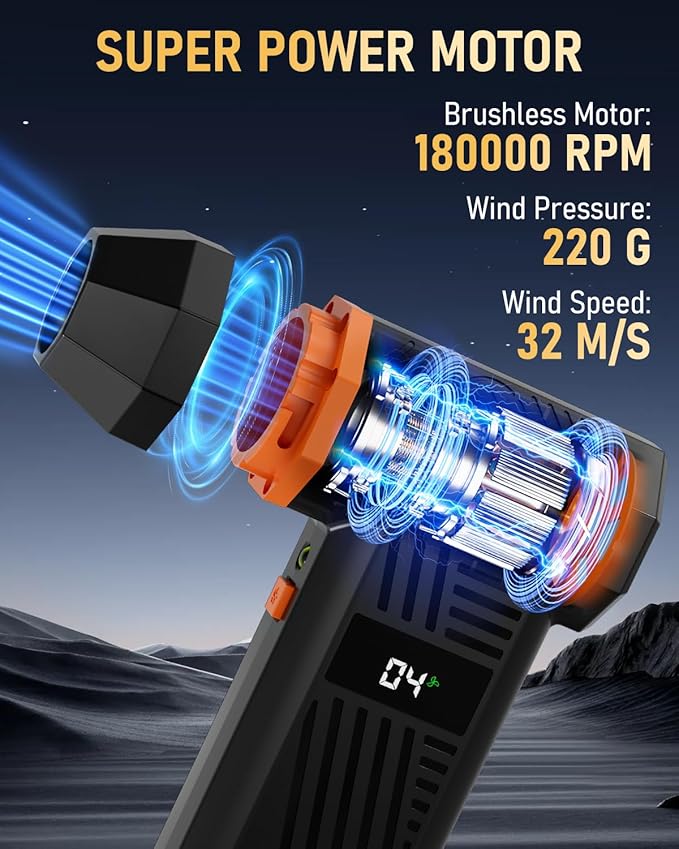 Compressed Air Duster, 180000RPM Electric Air Duster with 4-Speed Adjustable & Display Screen & LED Light & 5000mAh Battery, Rechargeable Cordless Electronics Air Blower for Keyboard/PC/Car