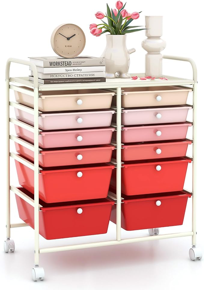 12 Drawer Rolling Storage Cart, Craft Cart Organizer on Wheels w/Metal Frame, Large Capacity & Smooth Drawer, Rolling Cart w/Drawers for Classroom, Office