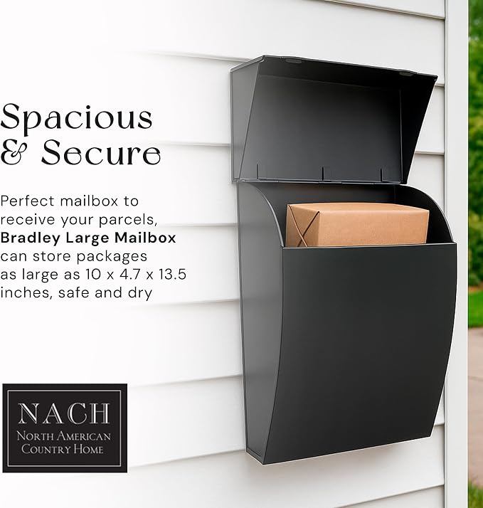 NACH Black Mailbox Wall Mount, 4.8 x 10 x 13 inch Wall Mounted Mailboxes for Outside, Waterpoof Mailbox for House - The Bradley Large Mail Box