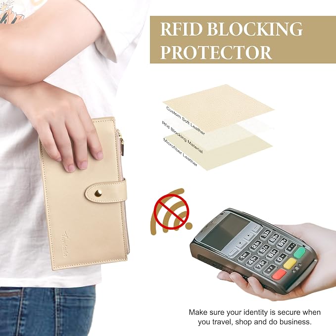 Travelambo Womens Leather Bifold Wallet, Slim RFID Blocking Card Holder | Large Capacity, 16 Card Slots & ID Window, 2 Zipper Pockets, Dual Snap Closure, Slim Lightweight, RFID Privacy Protection