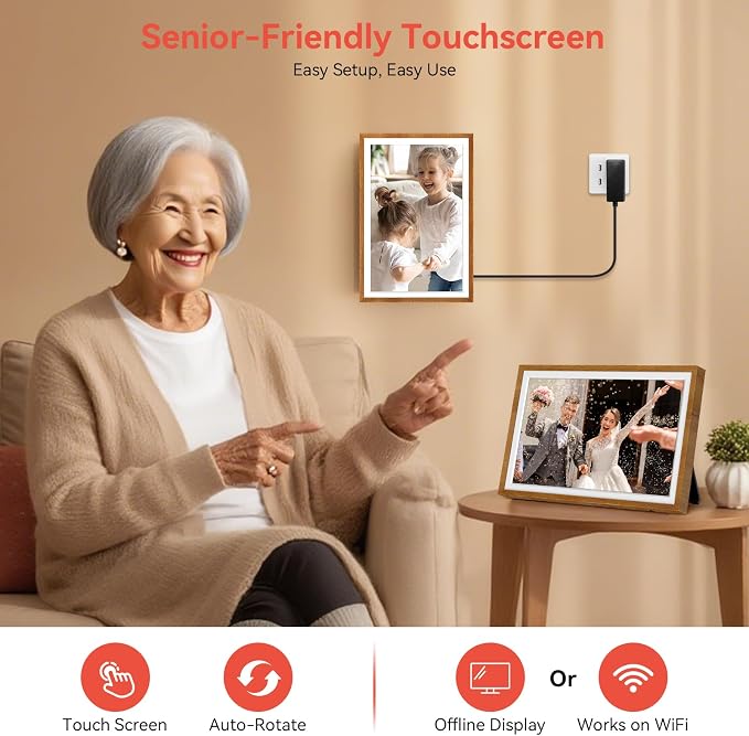 Frameo 10.1" Digital Picture Frame with 32GB Memory WiFi Electronic Photo Frame Wood HD Touch Screen Auto-Rotate Slideshow Wall Mountable Share Photos/Video Remotely Anywhere(Warm Wood)