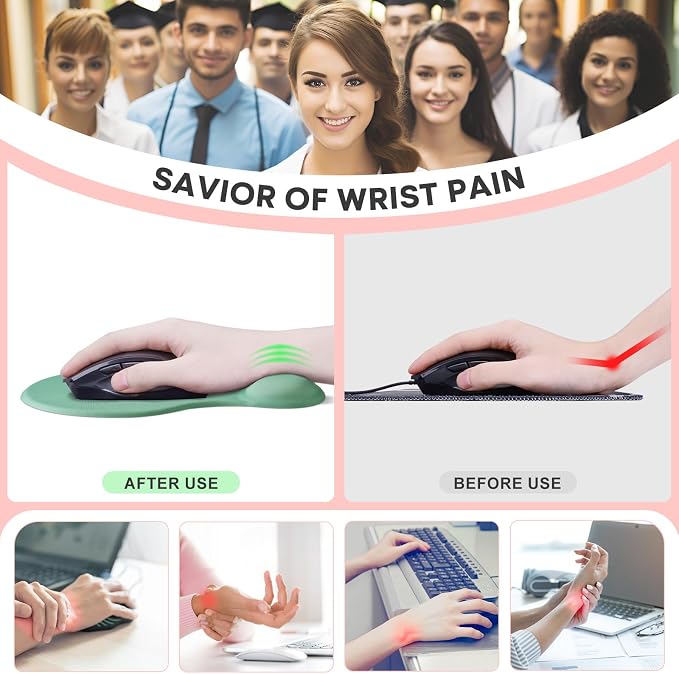 JIKIOU Ergonomic Mouse Pad with Gel Wrist Rest 2 Pack, Portable Small Green | Upgraded-Prevent Gel Leakage, Ergonomic Design for Pain Relief, Cooling Gel filled, Smooth Lycra Surface, Non-Slip PU Base