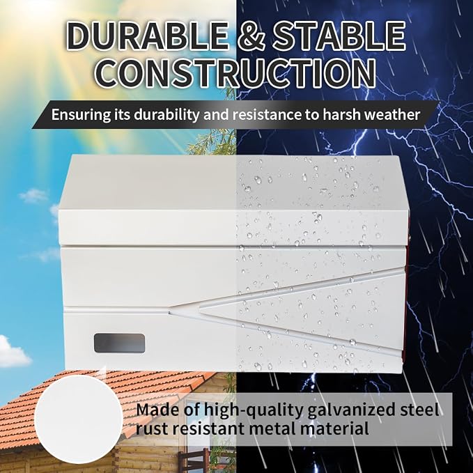 Ydocabinit Wall Mount Mailbox, Large Capacity Mailbox for House, with Flag, Visibility Galvanized Steel Rust-Proof Metal Post Drop Box, Mailboxes for Outside 15.74"×9.84"×4.33" Solar Lanterns White