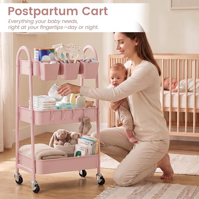 3-Tier Rolling Cart, Utility Cart Mobile Metal Rolling Storage Cart with Lockable Wheels & Hanging Cups & Hooks for Kitchen, Bathroom, Office, Workshop, Pink