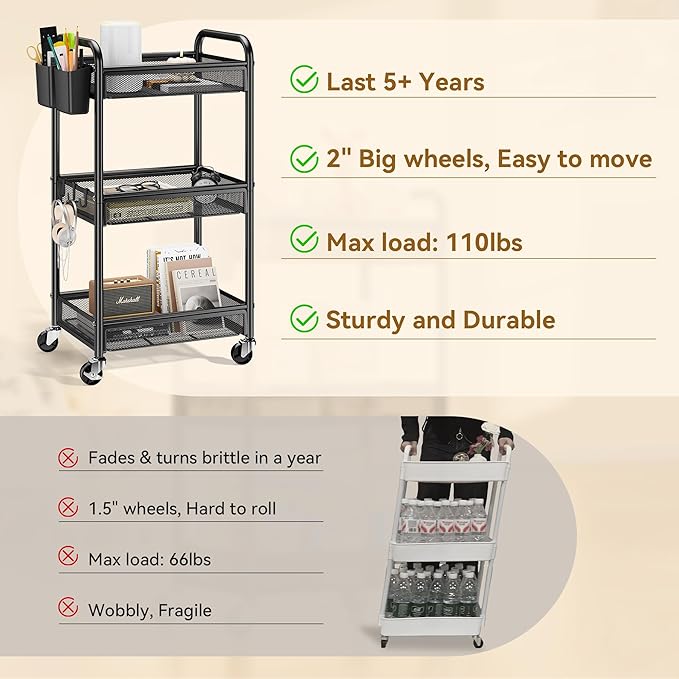 3 Tier Metal Rolling Cart, Black Utility Storage Cart with Wheels | Metal Mesh Craft Cart With Hooks & Hanging Cups, Ideal For Kitchen, Bathroom, Office, Dorm, Art Workspace, Bedside Storage