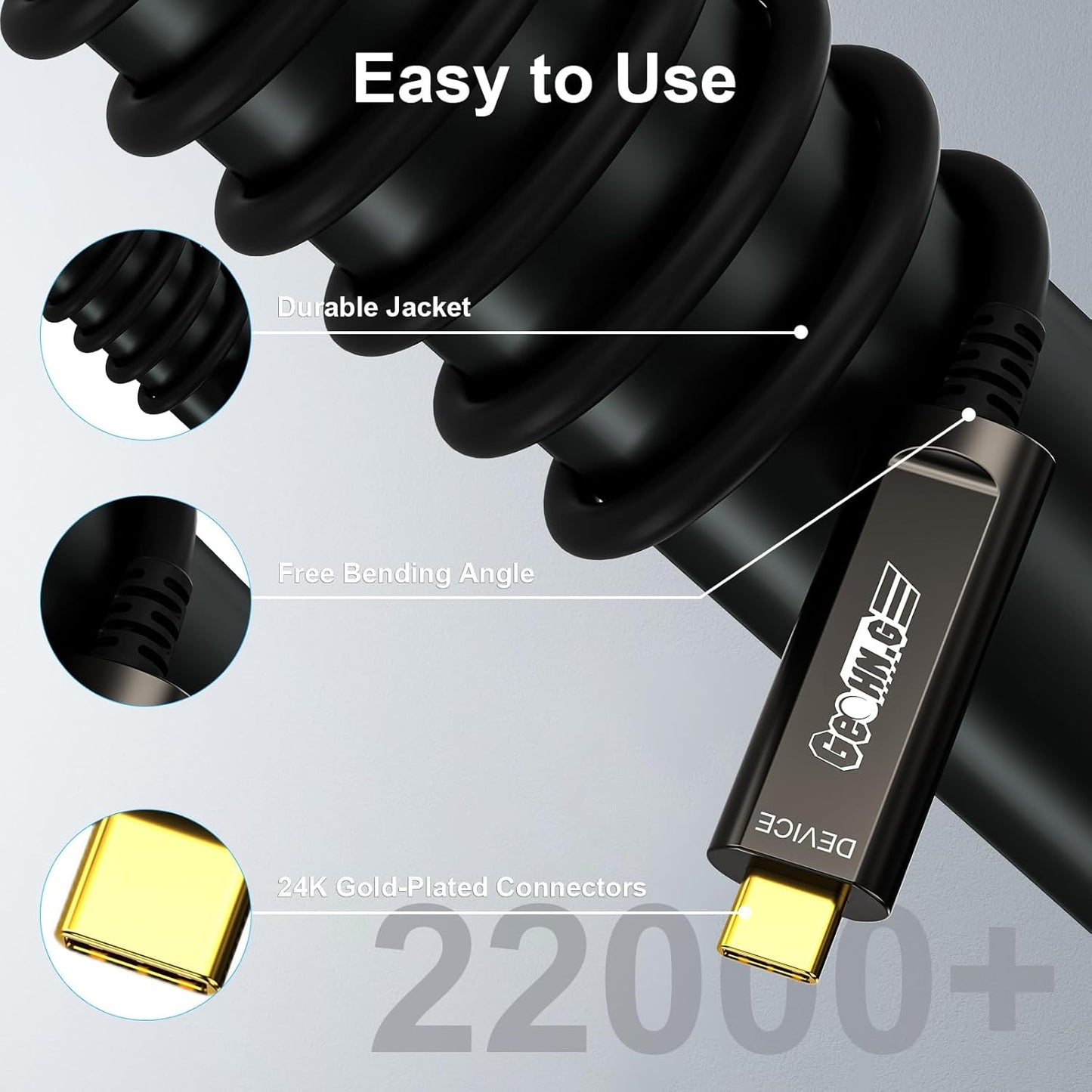 GeoHN.G USB C to C Fiber Optic Cable 50M/165FT, USB 3.2 10Gbps Long Distance Data Transfer USB C Extension Cable for VR, Camera, Mini PC, Laptop, Webcam, Printer and More