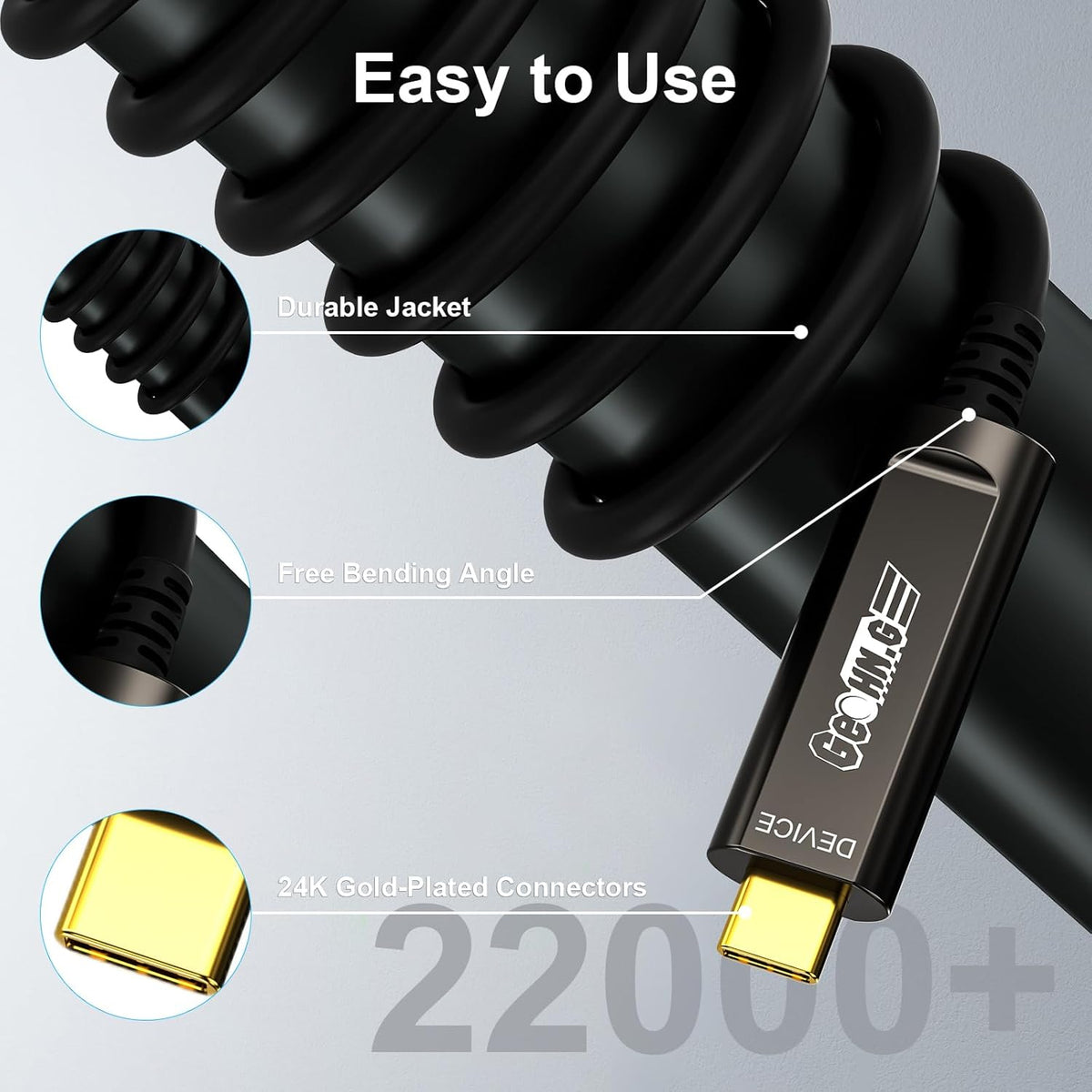 GeoHN.G USB C to C Fiber Optic Cable 15M/50FT, USB 3.2 10Gbps Long Distance Data Transfer USB C Extension Cable for VR, Camera, Mini PC, Laptop, Webcam, Printer and More
