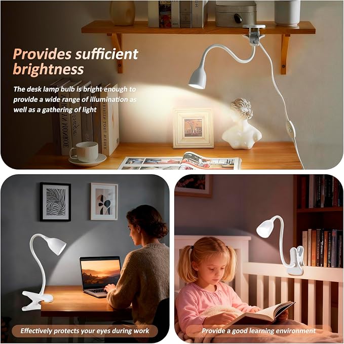 EJIAXIN Desk Lamp for Home Office - Clip on Reading Light and Bed Headboard Clamp Lamp, Bedside Gooseneck Table Lamp, Clip on Desk Lamps, Eye-Caring Desk Lamp for College Dorm Room Study Lamp, White