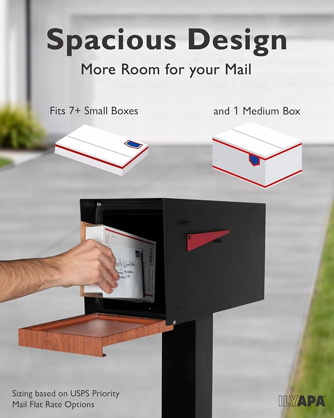 Ilyapa Modern Mailbox for Post Mount - Black Powder Coated Metal Mailbox with Cherry Wood Door - Waterproof for Parcels, Recessed Magnetic Close Door