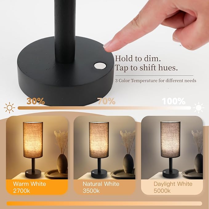 LALISU Small Table Lamp Nightstand Lamp Linen Lampshade Bedroom Wood Base Small Bedside Lamp for Night Stands, Desk Lamps for Reading Living Room, Office (LED Bulb Included) (Black and Cordless)