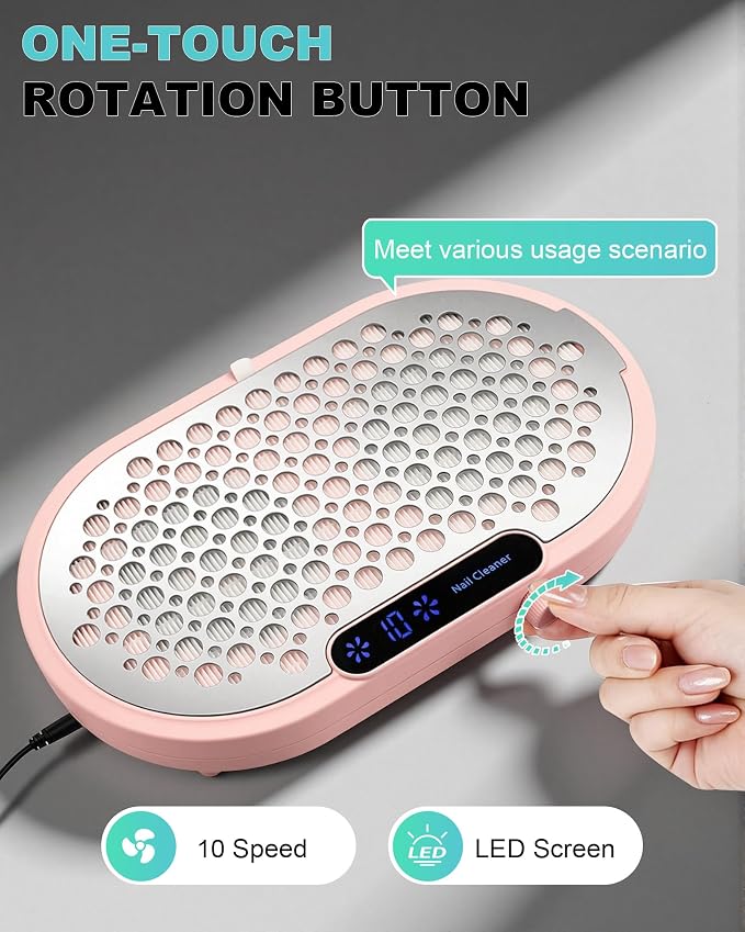 Nail Dust Collector for Nail Tech, 4000RPM Brushless Nail Fan with Dual Turbo, 360° Suction Manicure Dust Vacuum Extractor for Acrylic Dip Gel Polish, Low Noise, 30 Filters—Pink