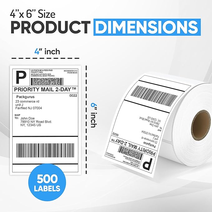 PackGurus 4"x6" Direct Thermal Label Roll, Shipping Labels with Perforated, Commercial Grade for Thermal Printer, 500 Labels/Roll, 4 Rolls (2,000 Labels Total)