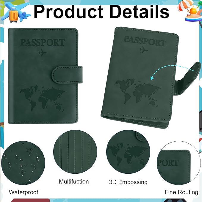 Passport Holder for Travel Essentials, Dark Green Leather Passport Cover, Passport Wallet Holders for Women Men Family Travel Gifts Must Have Accessories, Credit Card Cash Air Ticket Storage Supplies