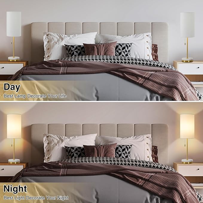 Desk Lamp & Table Lamp Set of 2, Bedside Lamps for Night Stands - Modern Small Table Lamps with Marble Base, Fabric Shade, Mini Pull Chain Bedroom Lamps for Living Room, Office, Reading (Gold)