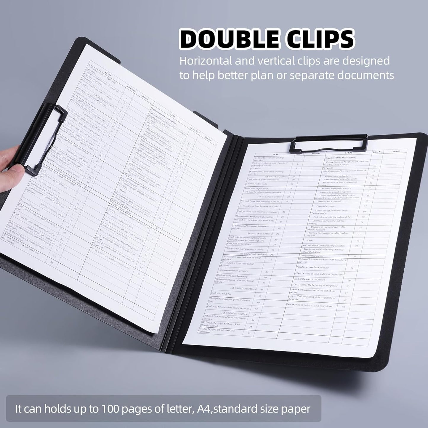 Clipboard Folder, 2 Pcs A4 Foldable Clipboard with Horizontal and Vertical Double Metal Clips, 360 Degree Foldable Binder Clipboards with Pen Holder, File Cover Work Folder Clipboards, Black