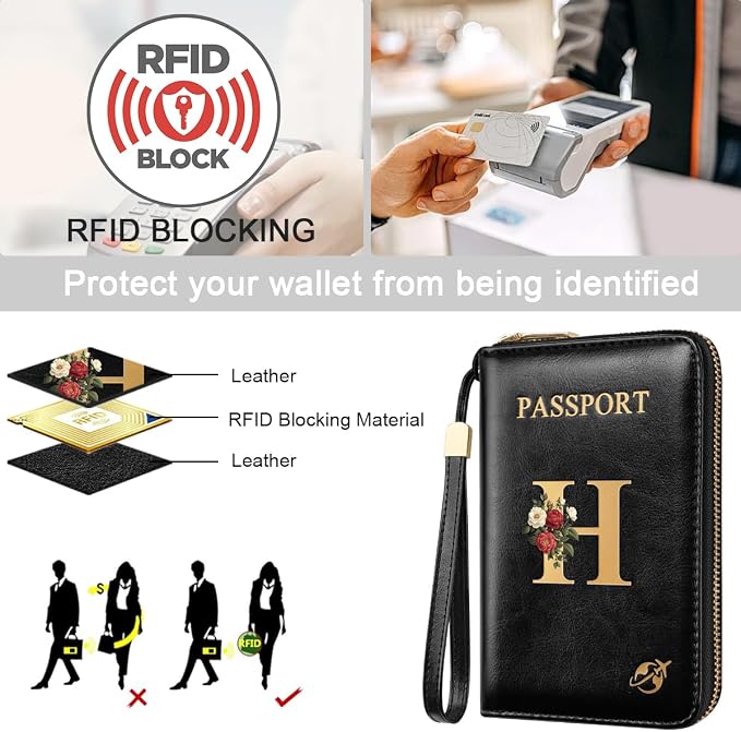 Passport Holder for Travel Personalized Wallet with Wristlet Women | Passport Cover, RFID Blocking, Passport Book Holders, Back Coin Pocket, Zipper Closure, Roses Initial Letter, Black H
