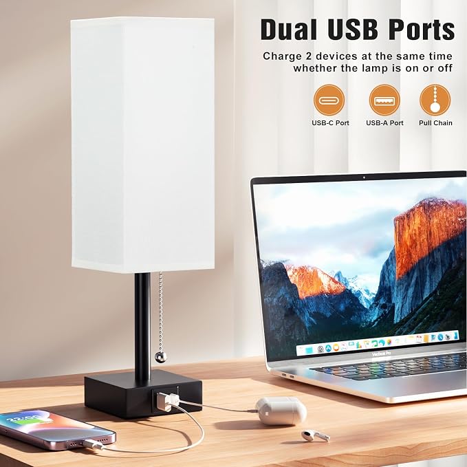 Set of 2 White Bedside Table Lamps for Bedroom - Nightstand Lamp, USB C+A | Pull Chain Lamp, 3 Color Modes(3000K/4000K/5000K), E26 LED Bulb Included, Square White Fabric Lampshade, for Read, Work, Dorm