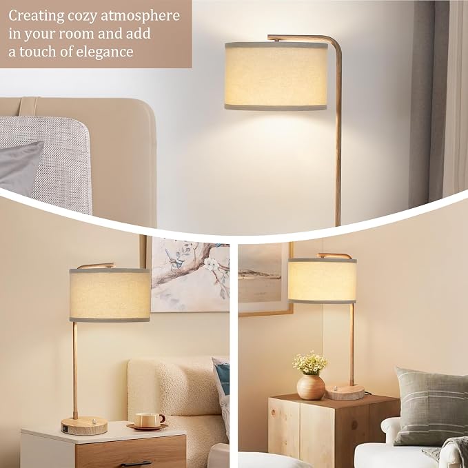 Farmhouse Table Lamp, Fully Dimmable Tall Bedisde Lamp with USB C+A Ports | 25" Modern Nightstand Lamp with Wood Grain Metal Base, Desk Reading Lamp for Living Room Bedroom Office, LED Bulb Included