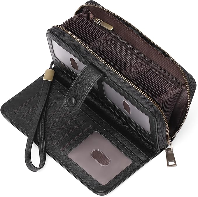 GAEKEAO Leather Credit Card Holder Wallet for Women RFID Blocking Large Capacity Bifold Zipper Card Case Organizer with Wristlet 45 Slots
