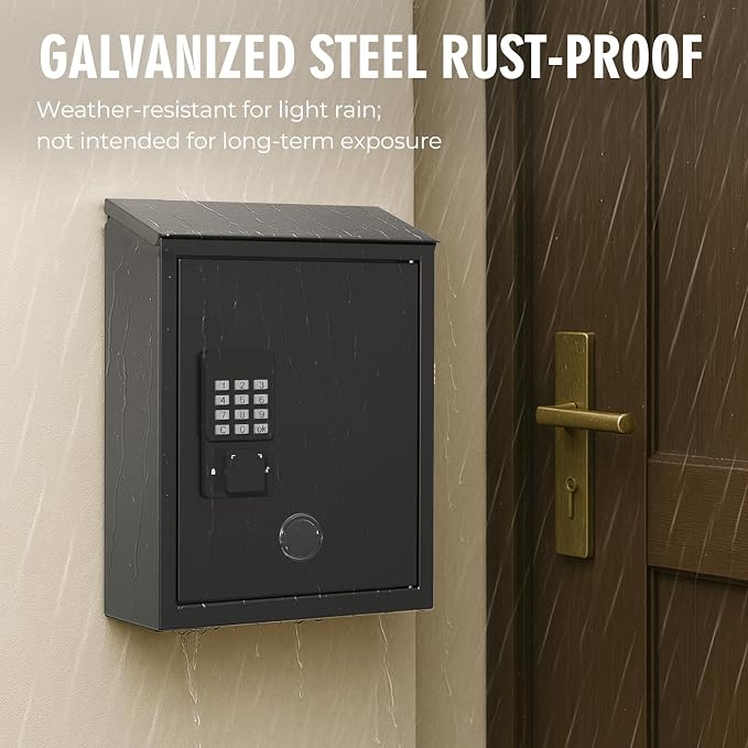 Mailbox with Electronic Lock, Locking Mail Boxes for House, Wall Mount Business Suggestion Box, Key Drop Box, One Time Code/Permanent Code/Spare Key Unlock, Large Capacity, Black, 14x4x10in