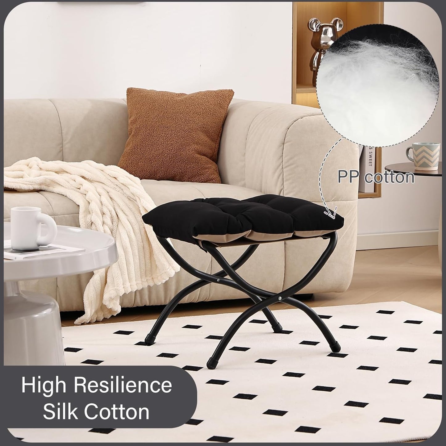 LITA Folding Upholstered Footrest Stool, Modern Small Portable Accent Ottoman with Detachable Thick Cotton Cushion Padded Sofa Stool with Metal Frame for Lazy Chair, Living Room & Bedroom, Black