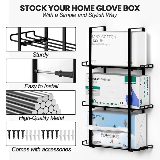 Glove Holder Dispenser for Wall Mount, 2 Pack Metal Disposable Latex Glove Box Holder for Home Office, Lab and Garage, Tissue Wire Rack Wall-mounted for Kitchen Organizer Decor, Blak