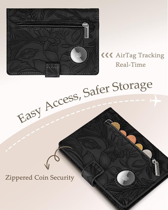 Slohif Elegant RFID Passport Holder for Travel with AirTag Matte Black | Floral Embossed Passport Wallet for Women, Slim Vegan Leather Travel Organizer with Money Pocket and Card Slots