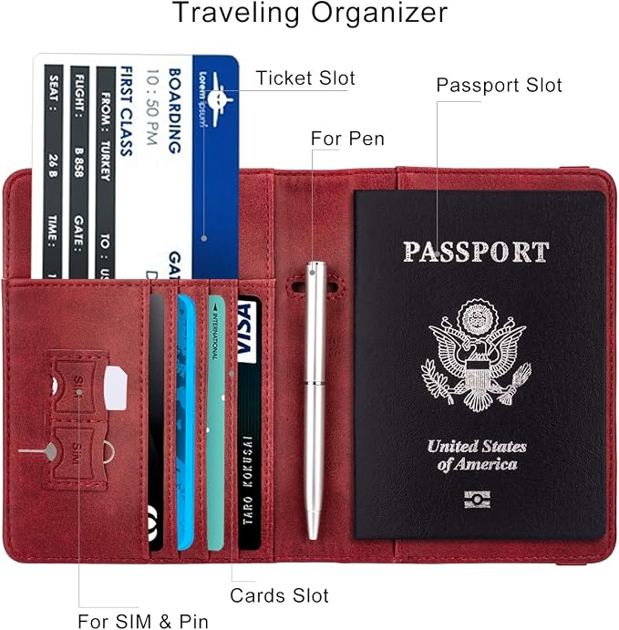 WALNEW Passport Holder for Travel, RFID Passport Cover Wallet for Women Men, PU Leather Passport Book Card Holder Case with Pen, Travelling Essentials for Flying | PU Leather Passport Cover Case with Pen Holder, Travel Must Haves Accessories, Passport ...